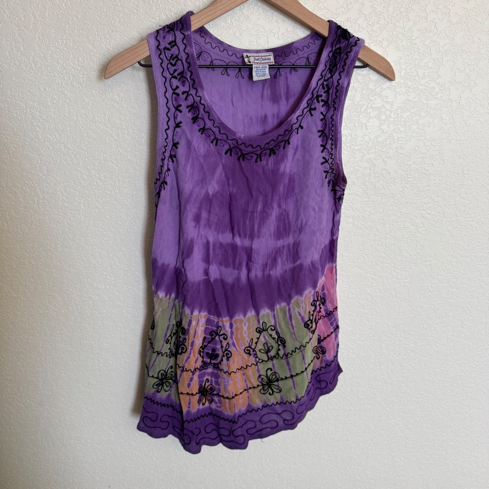 Indie Fairycore Boho Just Cruising Embroidered Tie Dye Tank Top OS Purple